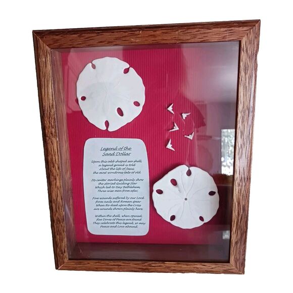 VNT Legend Of The Sand Dollar Maplewood Frame RED Shadowbox Decor Art Coastal - Picture 1 of 16